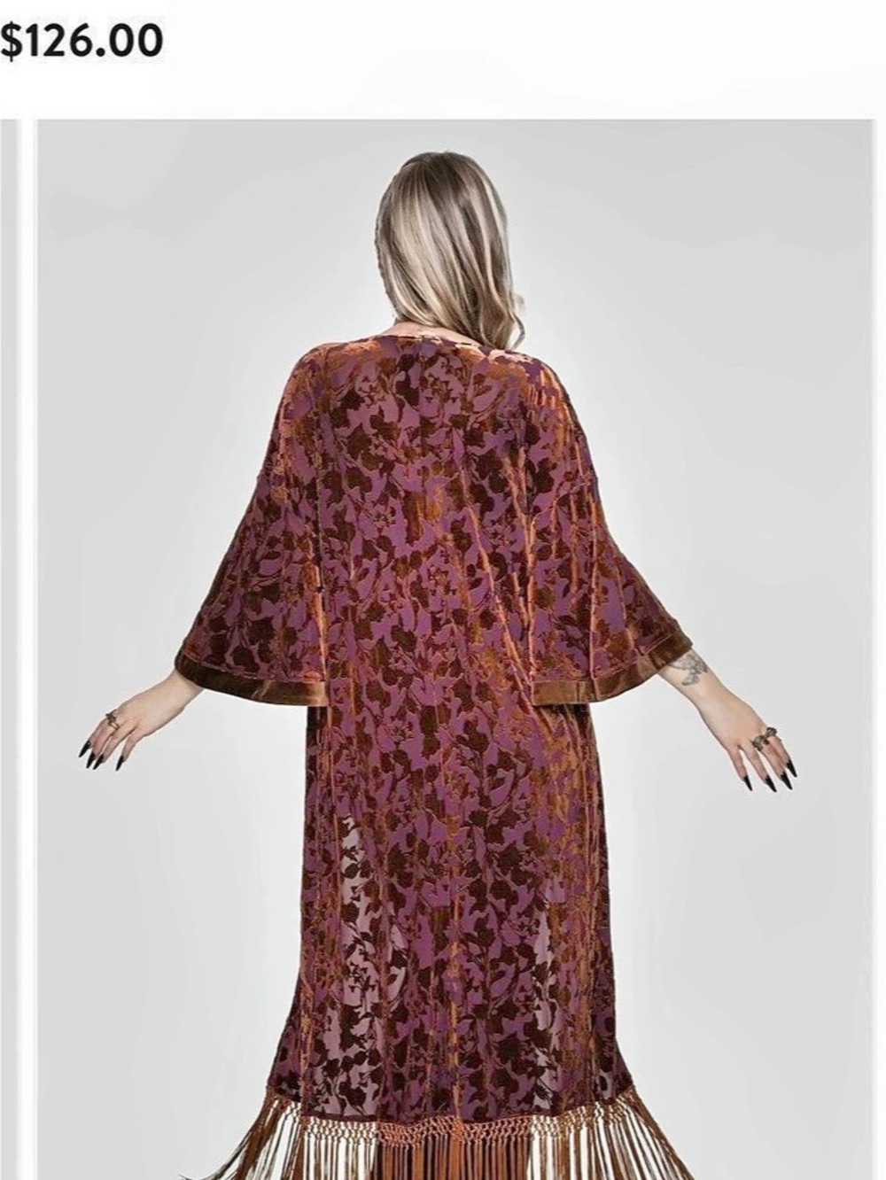 Disturbia Sienna Devore Fringe Kimono Floral velvet Robe - Picture 2 of 4